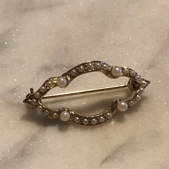 vtg Seed Pearl Gold Tone Costume Brooch Approx 1.3” - Picture 3 of 4